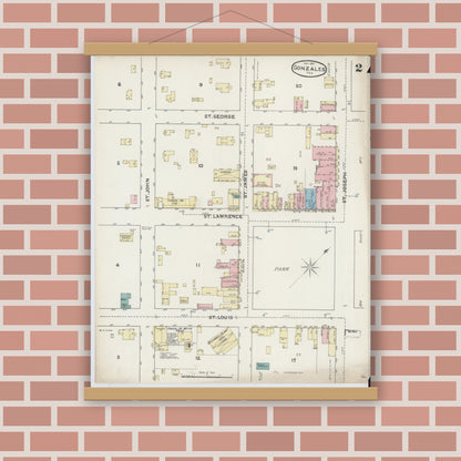 Old map wall art mockup — magnetic wood frame on brick wall — Sanborn Fire Insurance Map from Gonzales, Gonzales County, Texas (1891), Sheet #0002