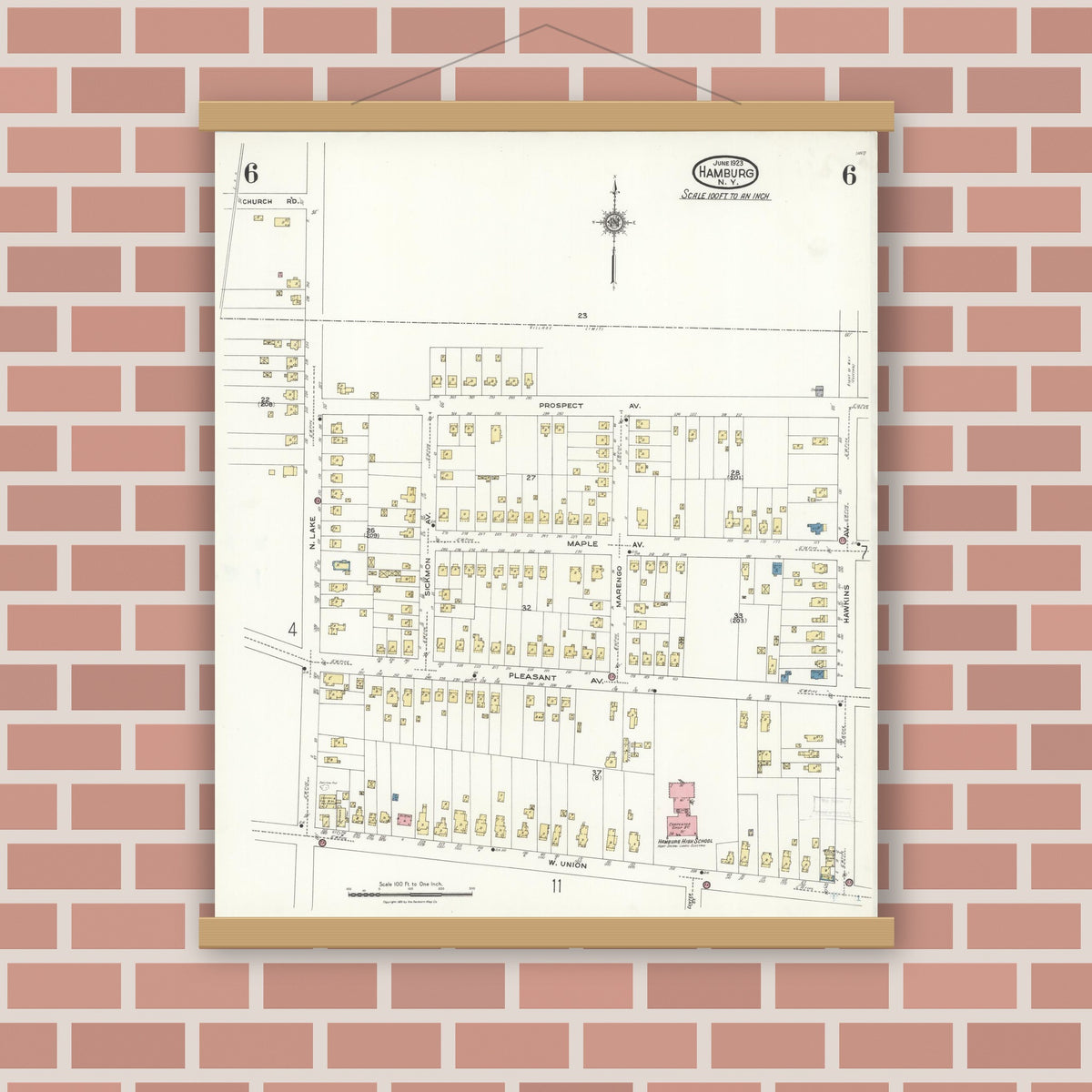 Old map wall art mockup — magnetic wood frame on brick wall — Sanborn Fire Insurance Map from Hamburg, Erie County, New York (1923), Sheet #0006