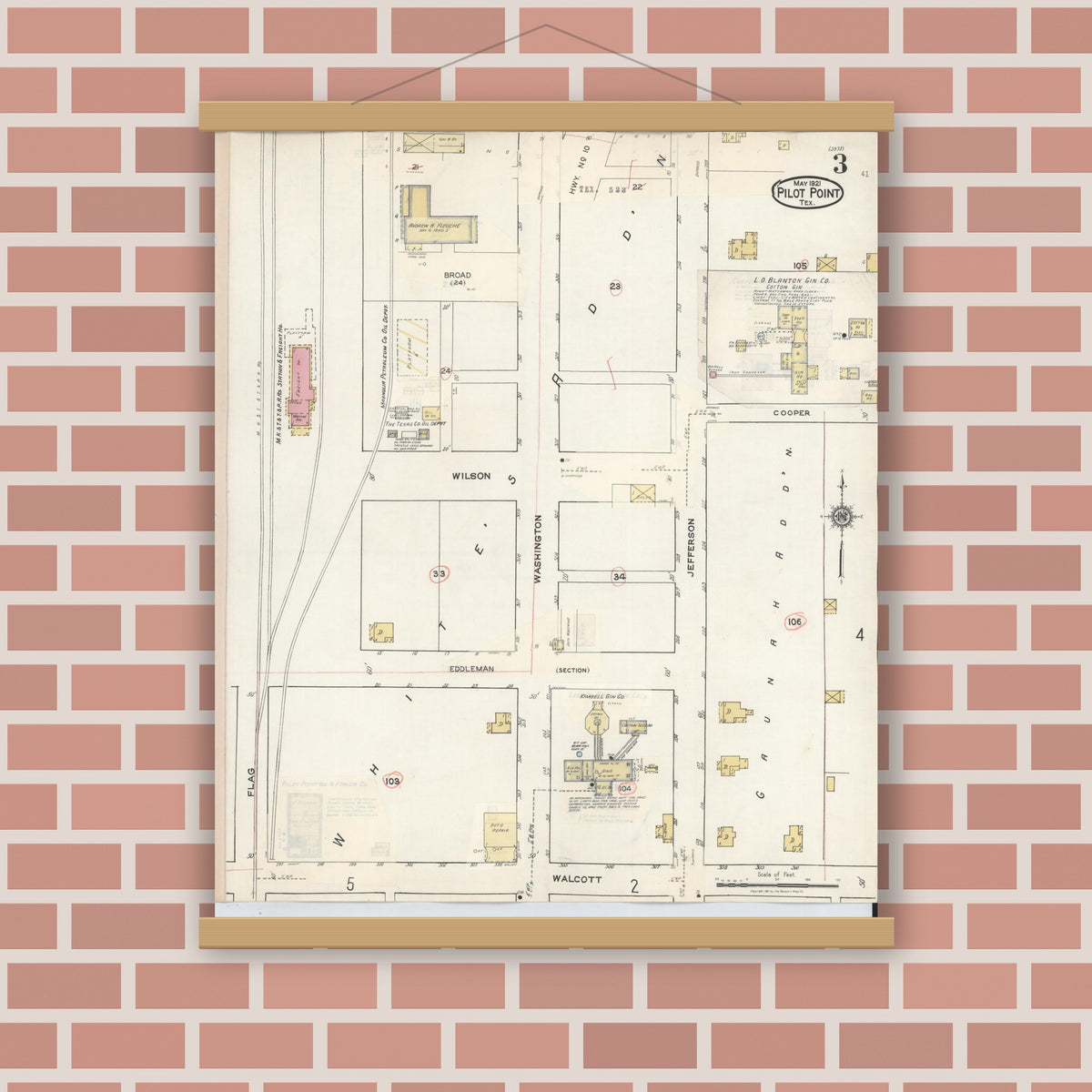 Old map wall art mockup — magnetic wood frame on brick wall — Sanborn Fire Insurance Map from Pilot Point, Denton County, Texas (1940), Sheet #0003