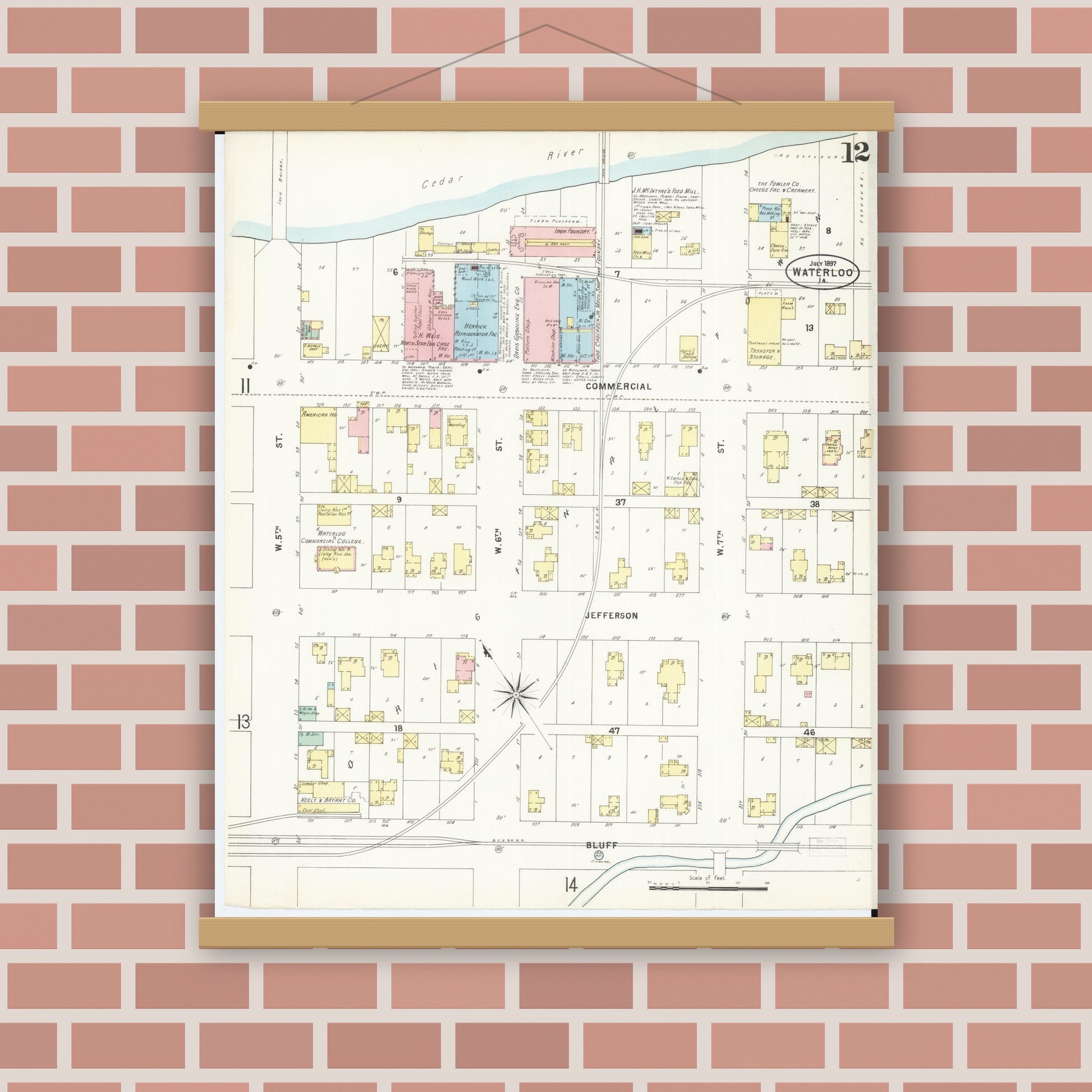 Old map wall art mockup — magnetic wood frame on brick wall — Sanborn Fire Insurance Map from Waterloo, Black Hawk County, Iowa (1897), Sheet #0012