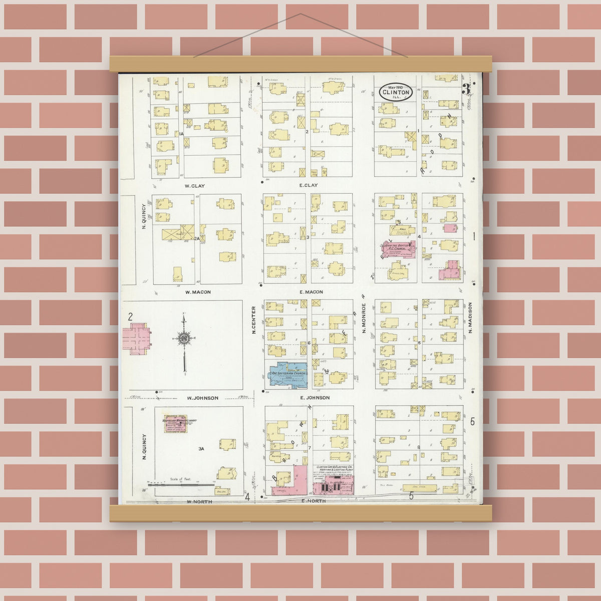 Old map wall art mockup — magnetic wood frame on brick wall — Sanborn Fire Insurance Map from Clinton, De Witt County, Illinois (1910), Sheet #0003