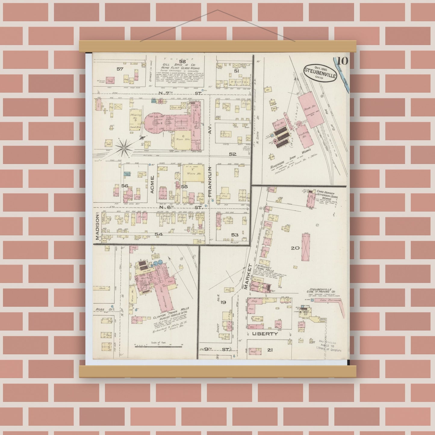 Old map wall art mockup — magnetic wood frame on brick wall — Sanborn Fire Insurance Map from Steubenville, Jefferson County, Ohio (1885), Sheet #0010