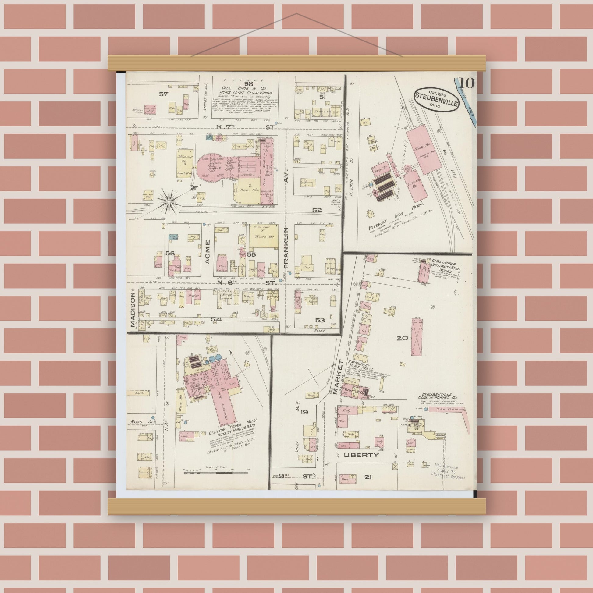 Old map wall art mockup — magnetic wood frame on brick wall — Sanborn Fire Insurance Map from Steubenville, Jefferson County, Ohio (1885), Sheet #0010