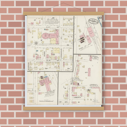 Old map wall art mockup — magnetic wood frame on brick wall — Sanborn Fire Insurance Map from Steubenville, Jefferson County, Ohio (1885), Sheet #0010