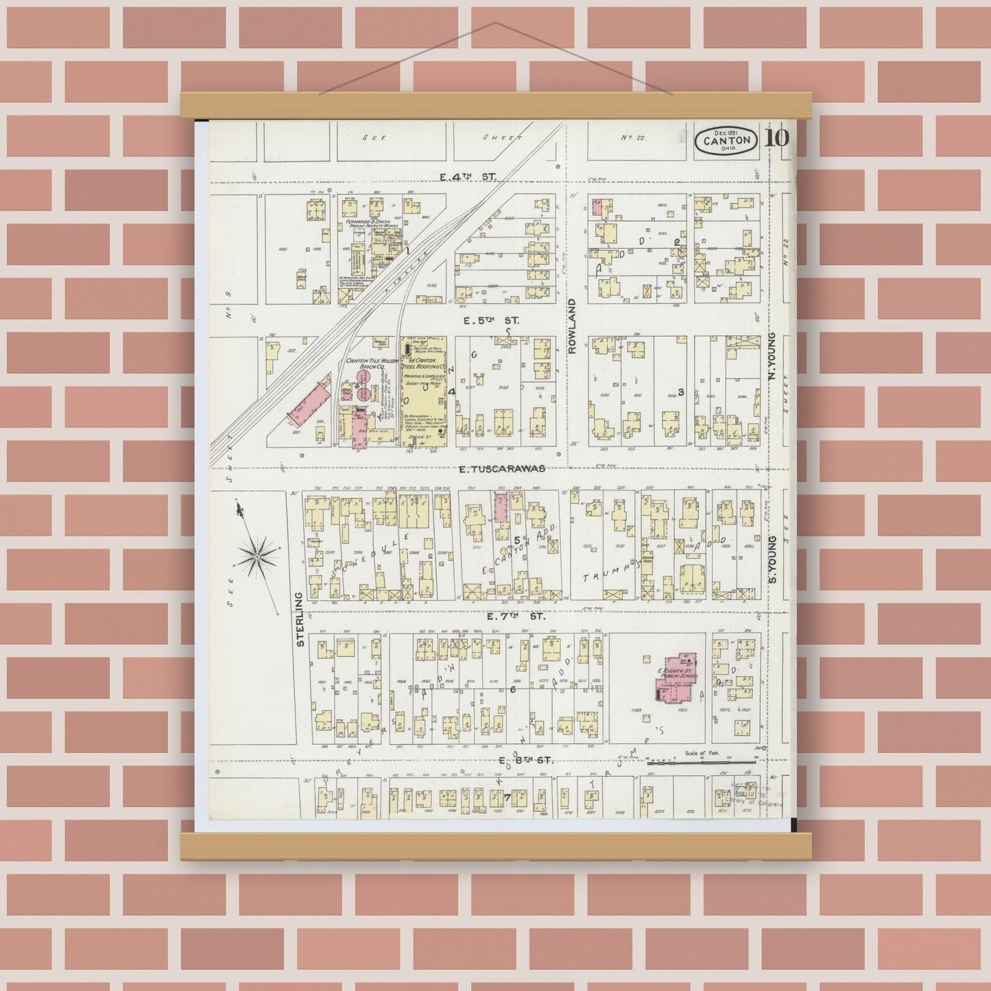 Old map wall art mockup — magnetic wood frame on brick wall — Sanborn Fire Insurance Map from Canton, Stark County, Ohio (1891), Sheet #0010