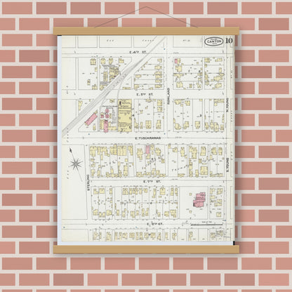 Old map wall art mockup — magnetic wood frame on brick wall — Sanborn Fire Insurance Map from Canton, Stark County, Ohio (1891), Sheet #0010