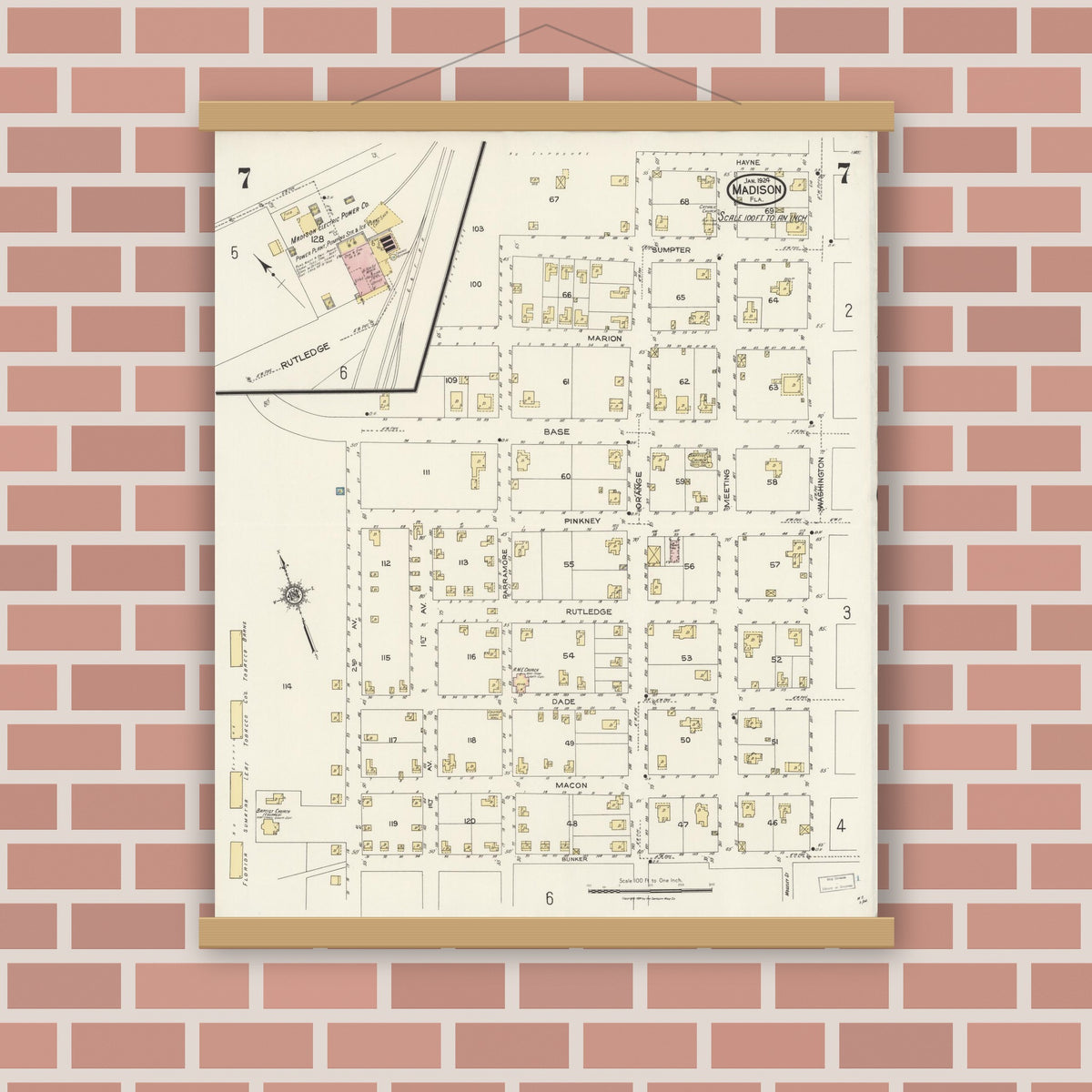 Old map wall art mockup — magnetic wood frame on brick wall — Sanborn Fire Insurance Map from Madison, Madison County, Florida (1924), Sheet #0007