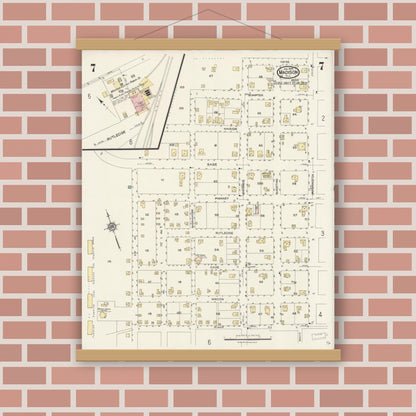 Old map wall art mockup — magnetic wood frame on brick wall — Sanborn Fire Insurance Map from Madison, Madison County, Florida (1924), Sheet #0007
