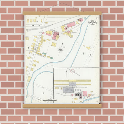 Old map wall art mockup — magnetic wood frame on brick wall — Sanborn Fire Insurance Map from Punxsutawney, Jefferson County, Pennsylvania (1906), Sheet #0008