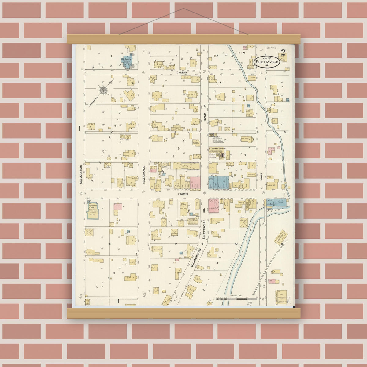 Old map wall art mockup — magnetic wood frame on brick wall — Sanborn Fire Insurance Map from Ellettsville, Monroe County, Indiana (1910), Sheet #0002