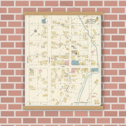 Old map wall art mockup — magnetic wood frame on brick wall — Sanborn Fire Insurance Map from Ellettsville, Monroe County, Indiana (1910), Sheet #0002