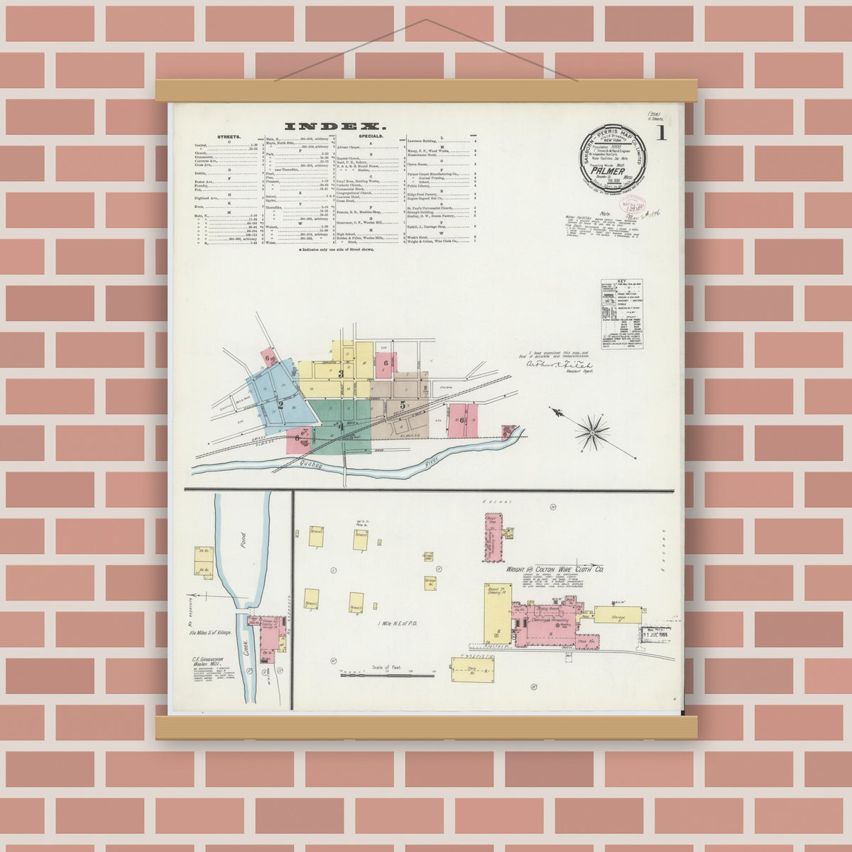 Old map wall art mockup — magnetic wood frame on brick wall — Sanborn Fire Insurance Map from Palmer, Hampden County, Massachusetts (1896) - Complete Map Set