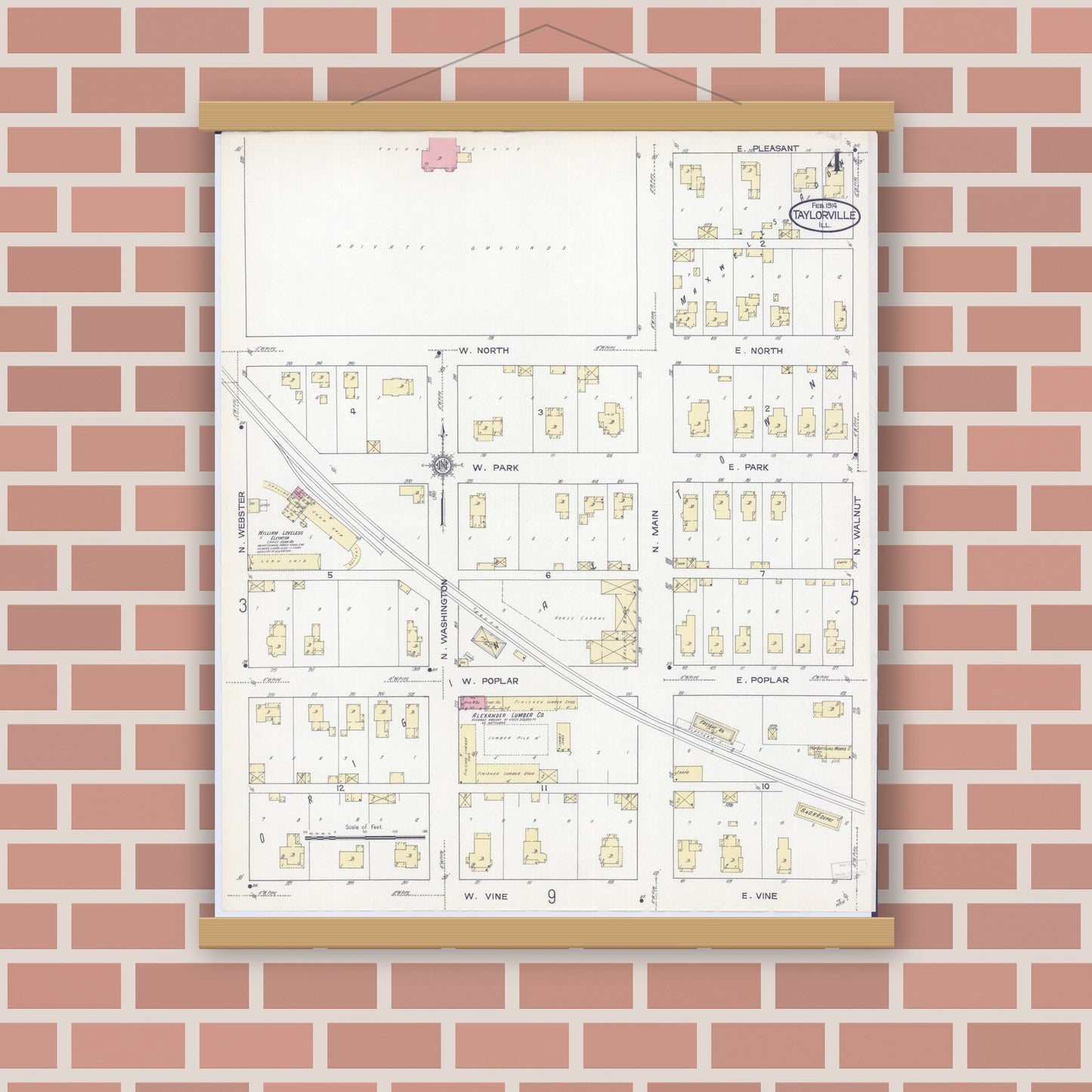 Old map wall art mockup — magnetic wood frame on brick wall — Sanborn Fire Insurance Map from Taylorville, Christian County, Illinois (1914), Sheet #0004