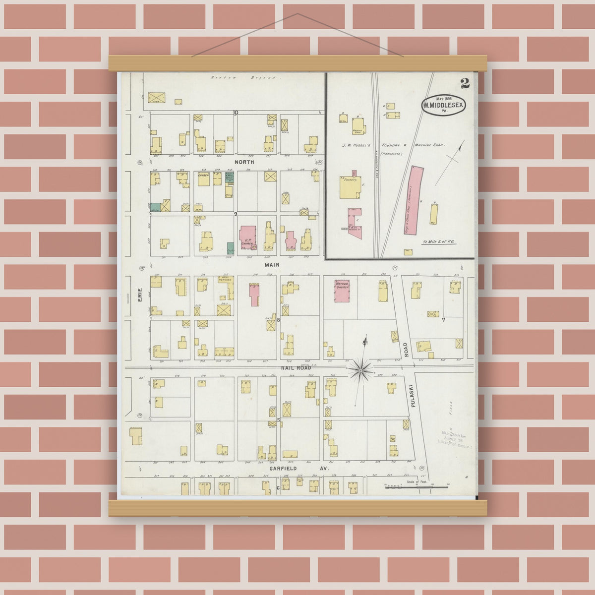 Old map wall art mockup — magnetic wood frame on brick wall — Sanborn Fire Insurance Map from West Middlesex, Mercer County, Pennsylvania (1895), Sheet #0002