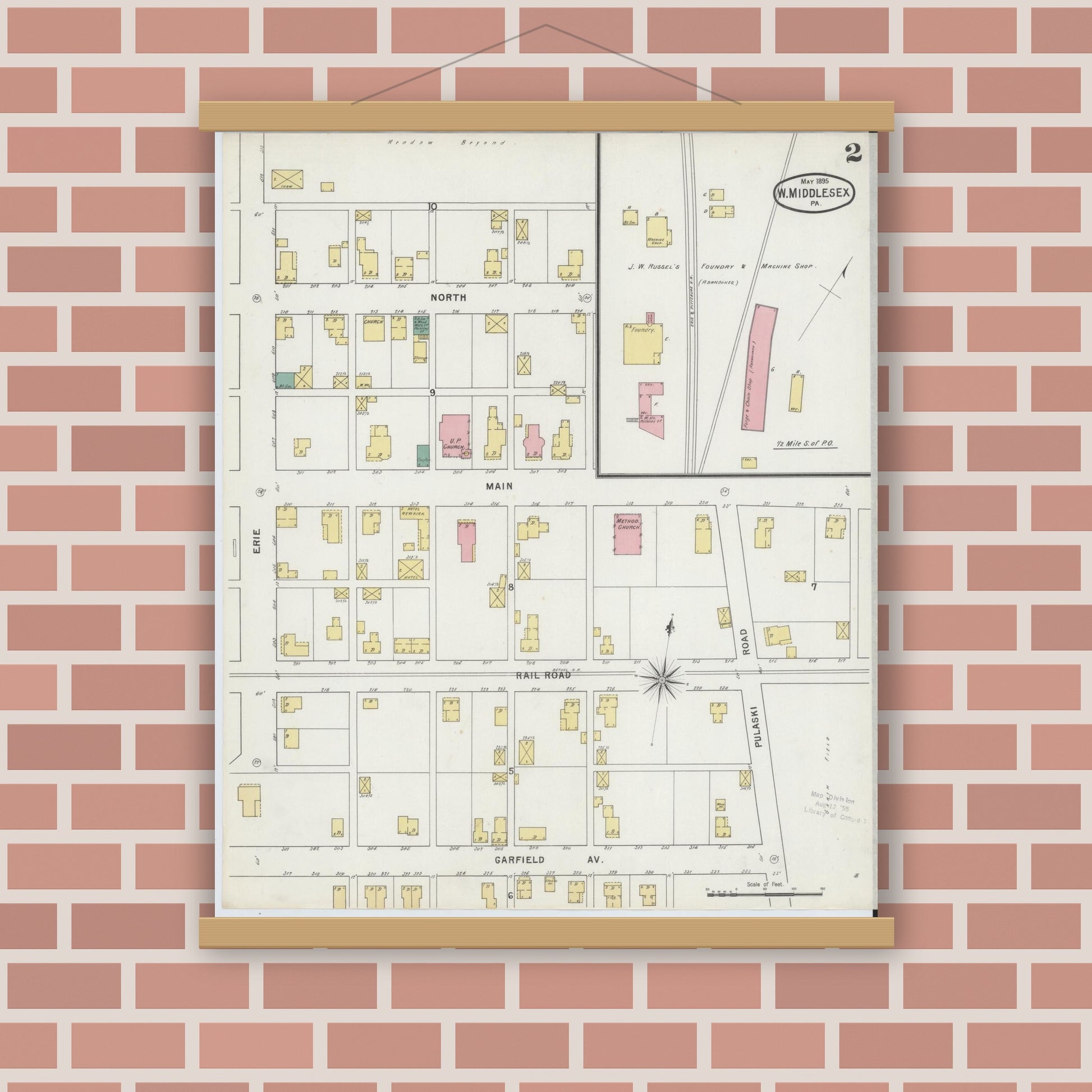 Old map wall art mockup — magnetic wood frame on brick wall — Sanborn Fire Insurance Map from West Middlesex, Mercer County, Pennsylvania (1895), Sheet #0002