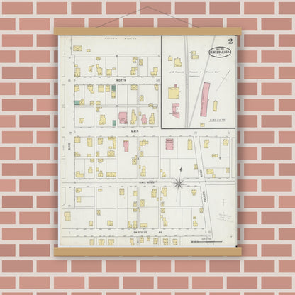 Old map wall art mockup — magnetic wood frame on brick wall — Sanborn Fire Insurance Map from West Middlesex, Mercer County, Pennsylvania (1895), Sheet #0002