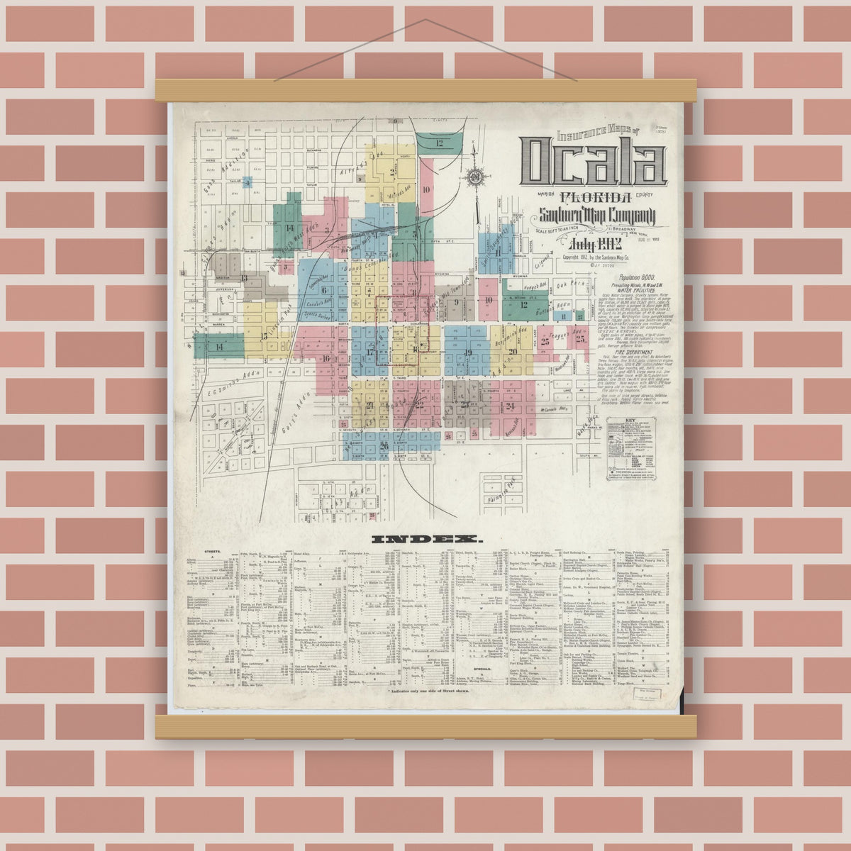 Old map wall art mockup — magnetic wood frame on brick wall — Sanborn Fire Insurance Map from Ocala, Marion County, Florida (1912), Sheet #0001