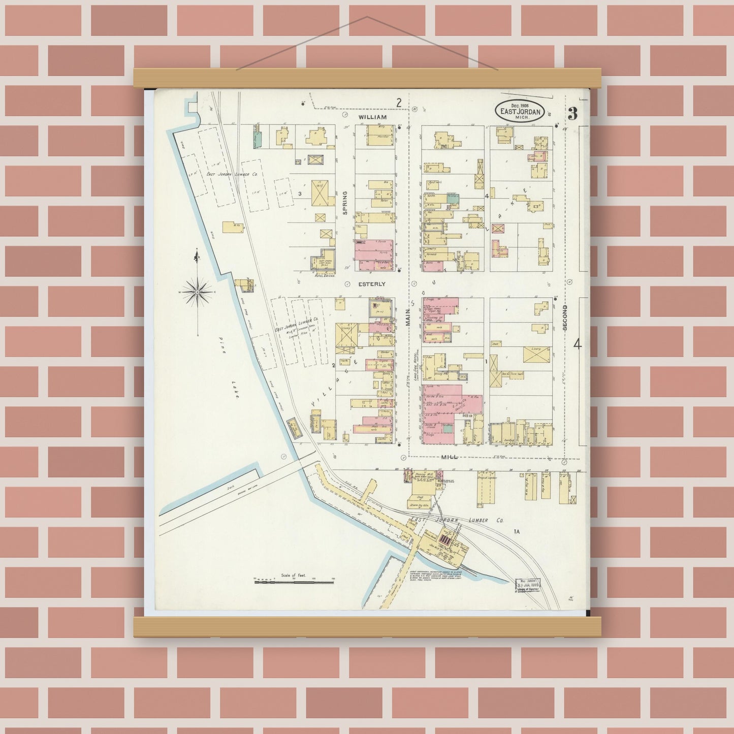 Old map wall art mockup — magnetic wood frame on brick wall — Sanborn Fire Insurance Map from East Jordan, Charlevoix County, Michigan (1905), Sheet #0003