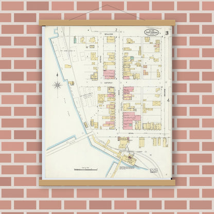 Old map wall art mockup — magnetic wood frame on brick wall — Sanborn Fire Insurance Map from East Jordan, Charlevoix County, Michigan (1905), Sheet #0003