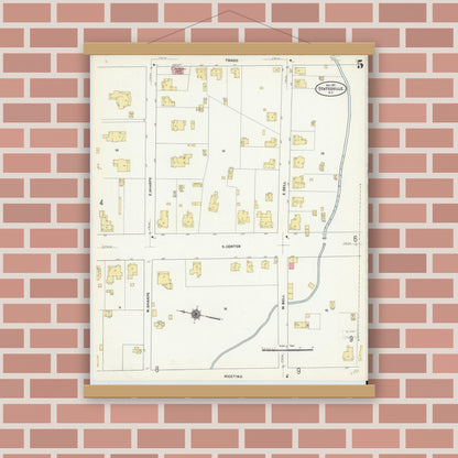 Old map wall art mockup — magnetic wood frame on brick wall — Sanborn Fire Insurance Map from Statesville, Iredell County, North Carolina (1911), Sheet #0005