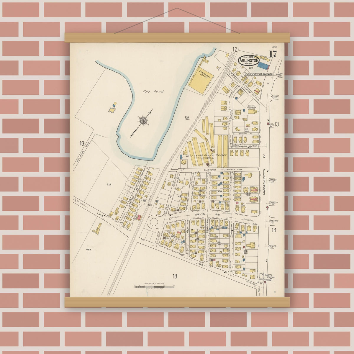 Old map wall art mockup — magnetic wood frame on brick wall — Sanborn Fire Insurance Map from Arlington, Middlesex County, Massachusetts (1922), Sheet #0017