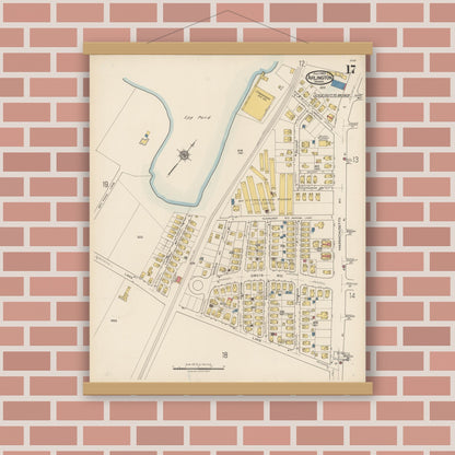 Old map wall art mockup — magnetic wood frame on brick wall — Sanborn Fire Insurance Map from Arlington, Middlesex County, Massachusetts (1922), Sheet #0017