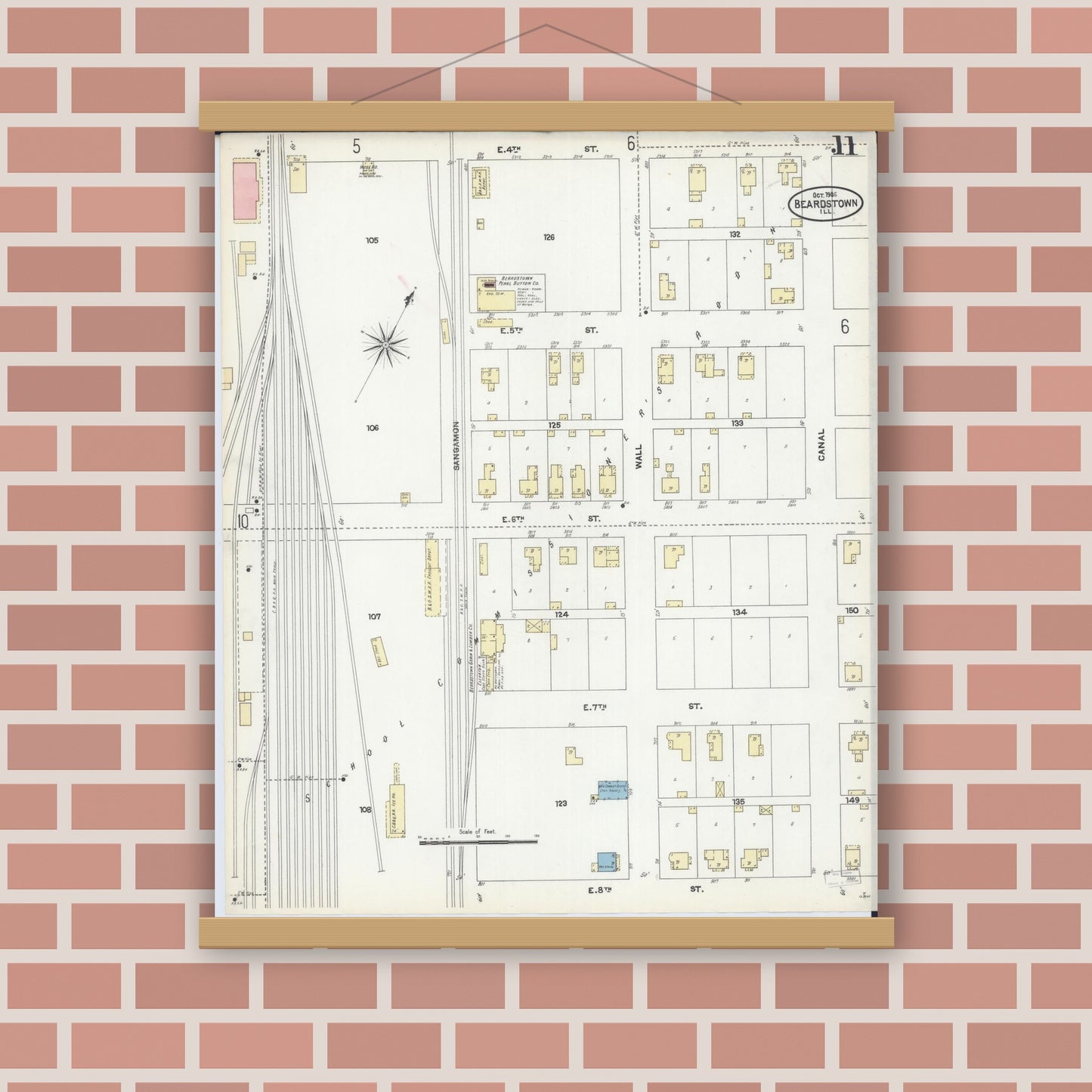 Old map wall art mockup — magnetic wood frame on brick wall — Sanborn Fire Insurance Map from Beardstown, Cass County, Illinois (1906), Sheet #0011