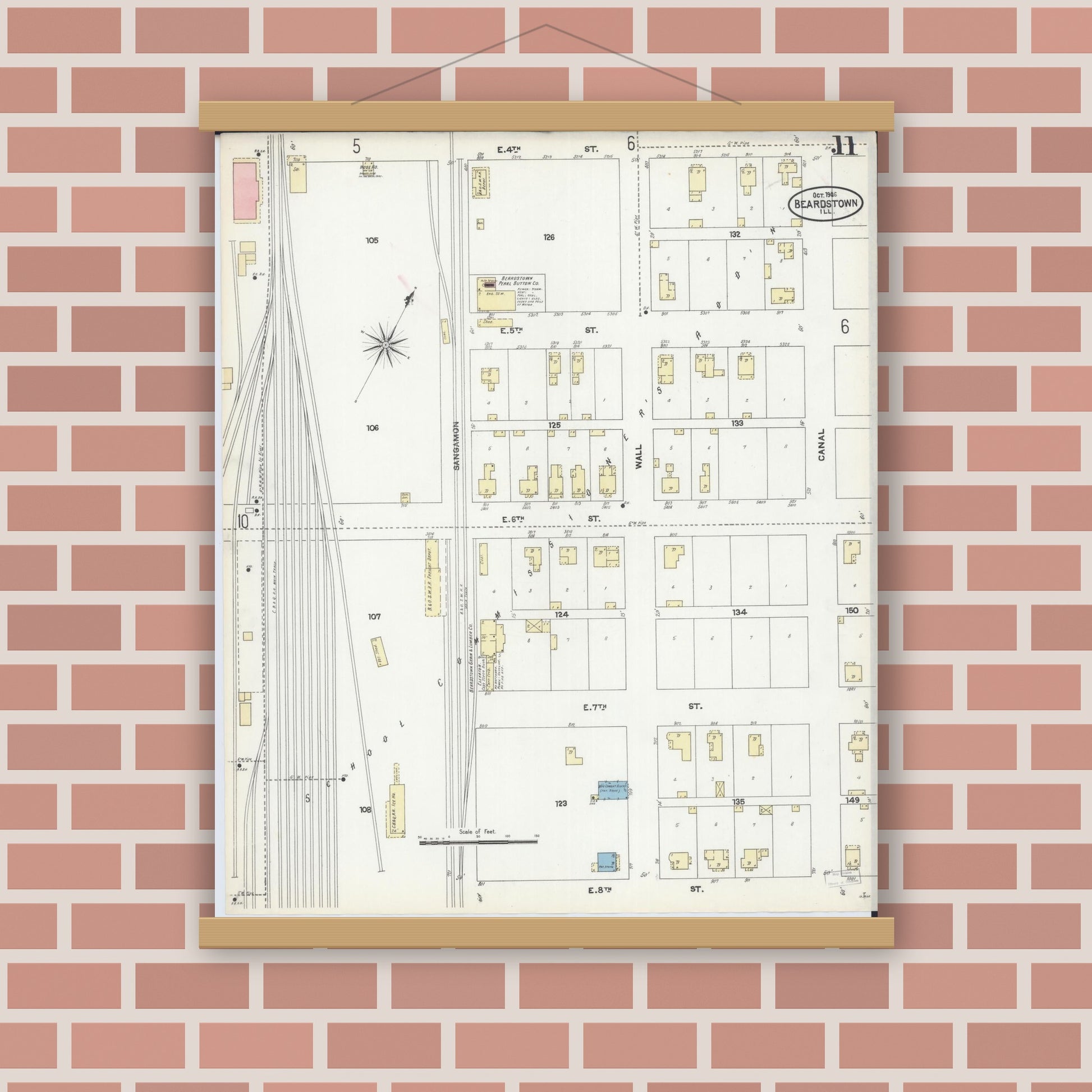 Old map wall art mockup — magnetic wood frame on brick wall — Sanborn Fire Insurance Map from Beardstown, Cass County, Illinois (1906), Sheet #0011