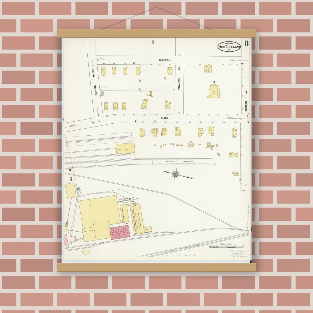 Old map wall art mockup — magnetic wood frame on brick wall — Sanborn Fire Insurance Map from Port Allegany, McKean County, Pennsylvania (1909), Sheet #0008