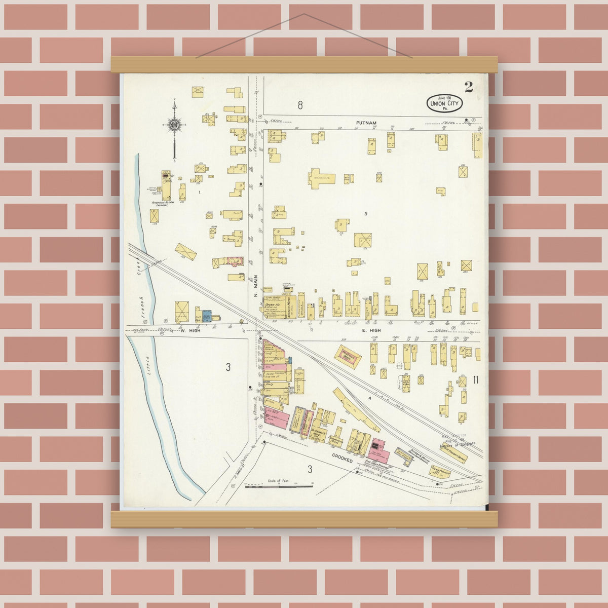 Old map wall art mockup — magnetic wood frame on brick wall — Sanborn Fire Insurance Map from Union City, Erie County, Pennsylvania (1911), Sheet #0002