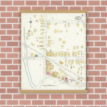 Old map wall art mockup — magnetic wood frame on brick wall — Sanborn Fire Insurance Map from Union City, Erie County, Pennsylvania (1911), Sheet #0002