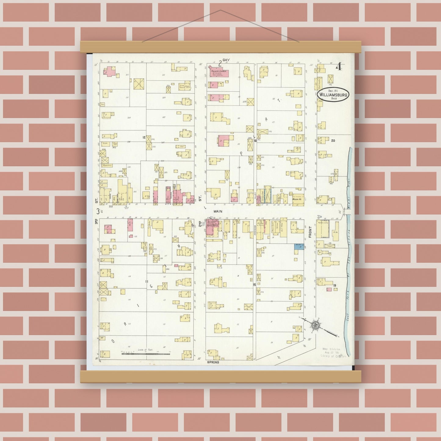 Old map wall art mockup — magnetic wood frame on brick wall — Sanborn Fire Insurance Map from Williamsburg, Clermont County, Ohio (1911), Sheet #0004