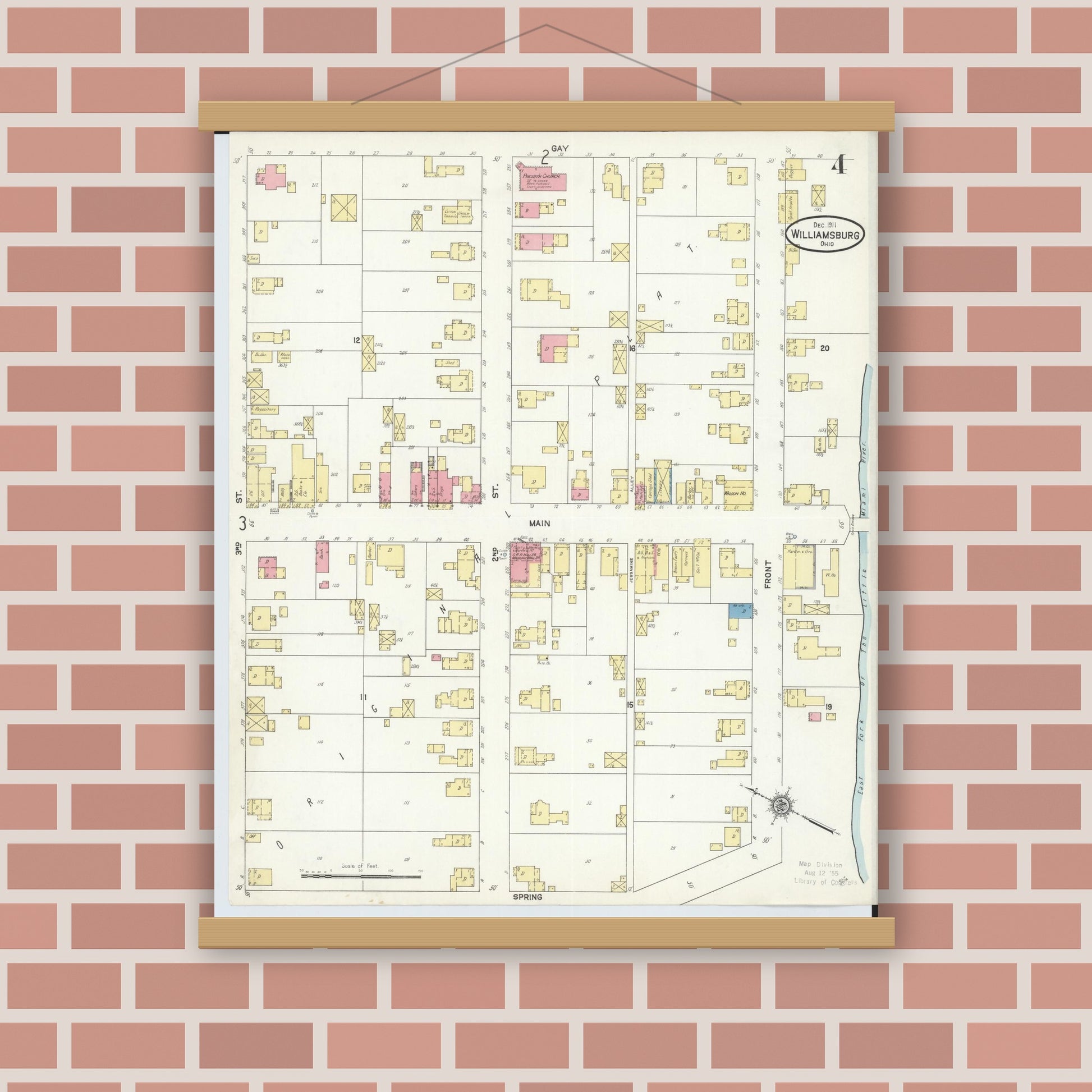 Old map wall art mockup — magnetic wood frame on brick wall — Sanborn Fire Insurance Map from Williamsburg, Clermont County, Ohio (1911), Sheet #0004