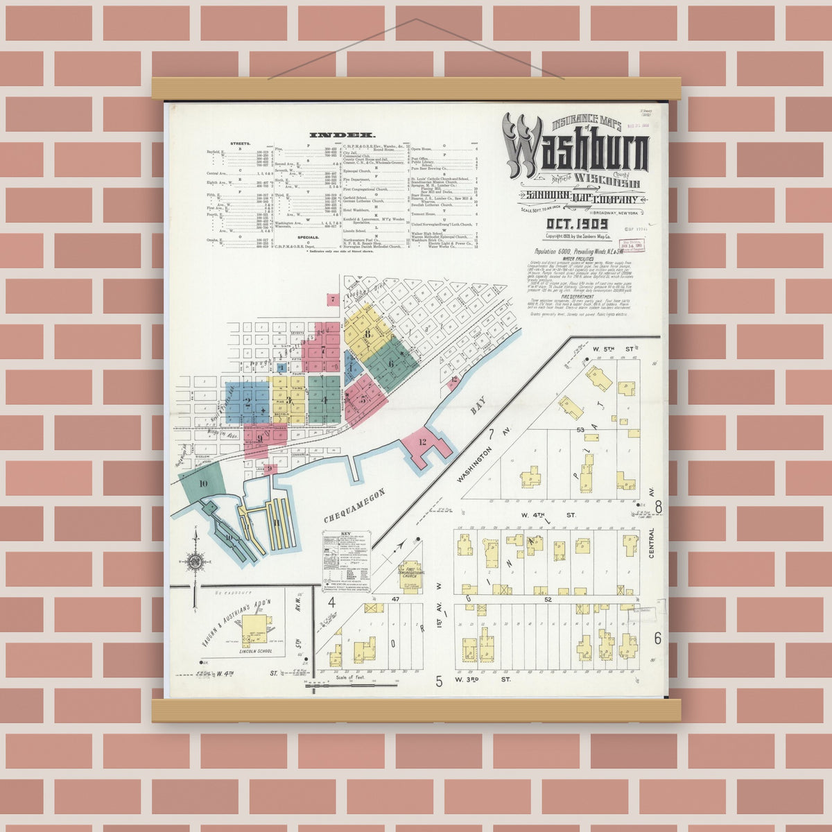Old map wall art mockup — magnetic wood frame on brick wall — Sanborn Fire Insurance Map from Washburn, Bayfield County, Wisconsin (1909), Sheet #0001