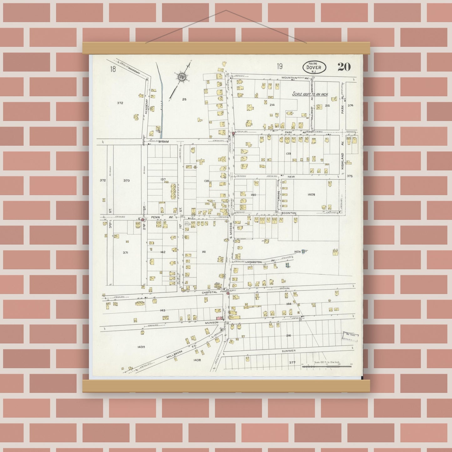 Old map wall art mockup — magnetic wood frame on brick wall — Sanborn Fire Insurance Map from Dover, Morris County, New Jersey (1916), Sheet #0020