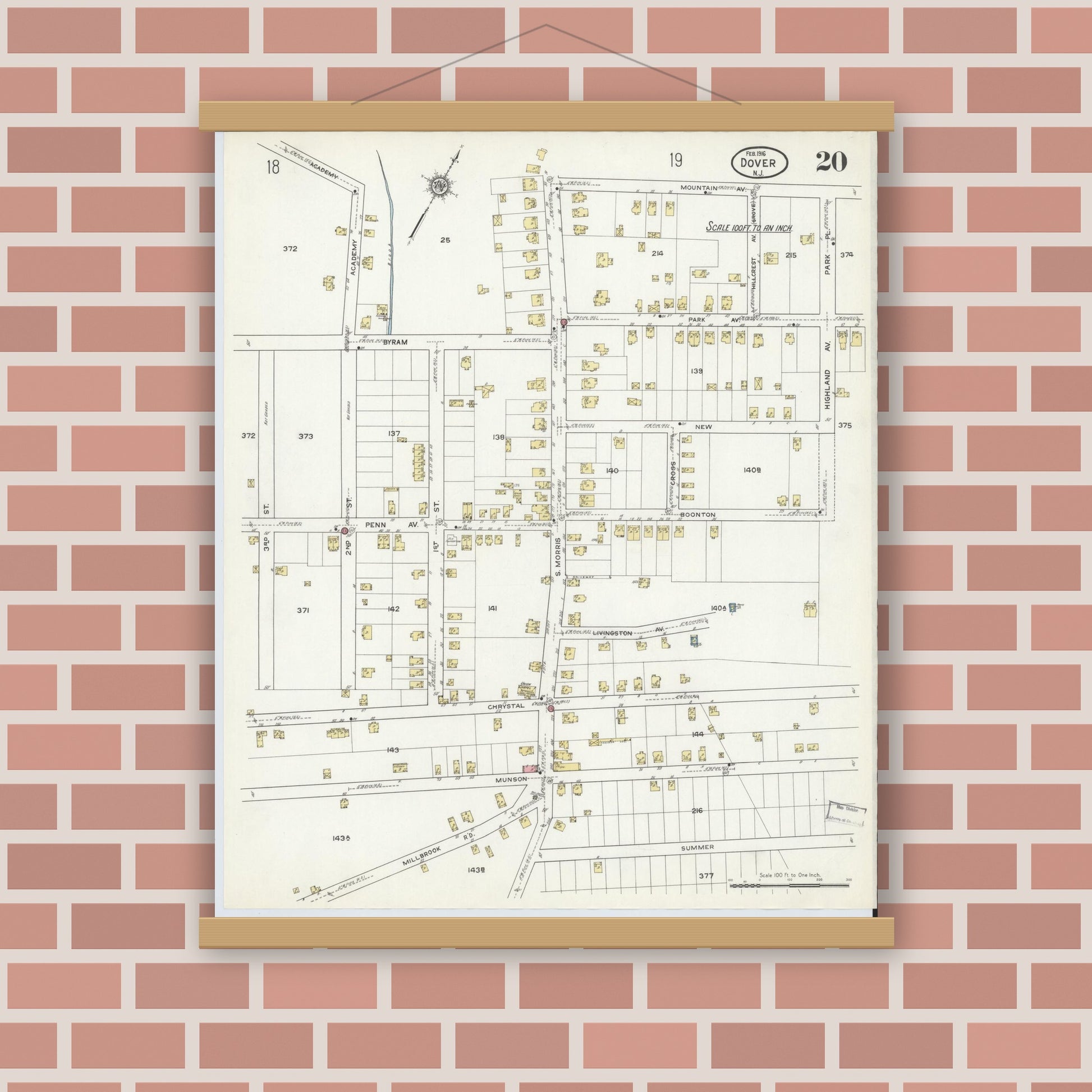 Old map wall art mockup — magnetic wood frame on brick wall — Sanborn Fire Insurance Map from Dover, Morris County, New Jersey (1916), Sheet #0020