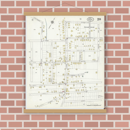 Old map wall art mockup — magnetic wood frame on brick wall — Sanborn Fire Insurance Map from Dover, Morris County, New Jersey (1916), Sheet #0020