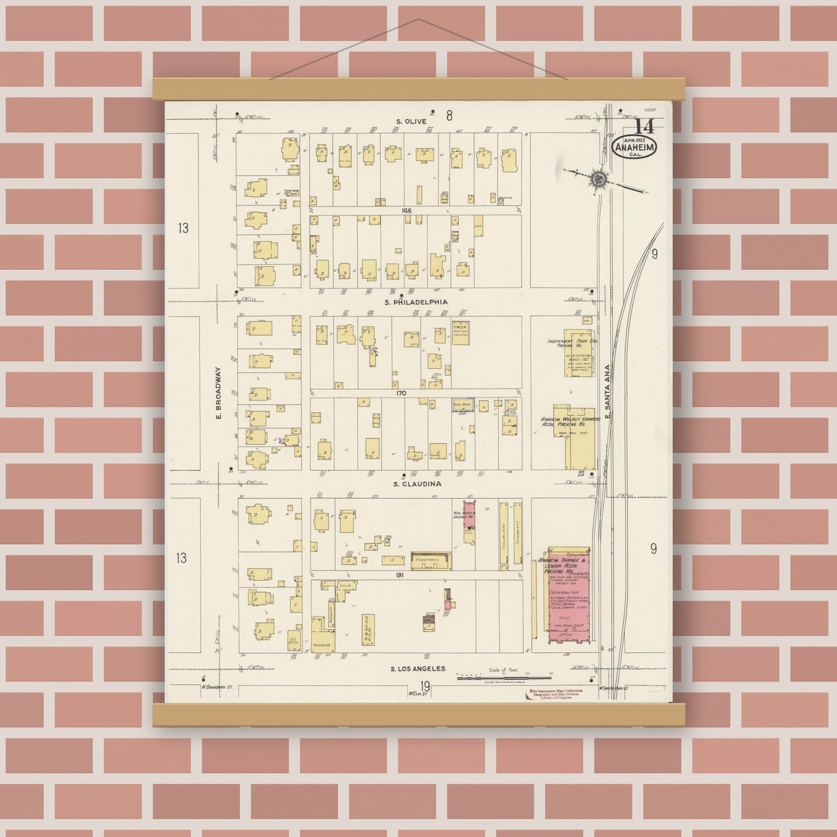 Old map wall art mockup — magnetic wood frame on brick wall — Sanborn Fire Insurance Map from Anaheim, Orange County, California (1922), Sheet #0014