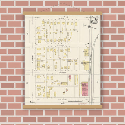 Old map wall art mockup — magnetic wood frame on brick wall — Sanborn Fire Insurance Map from Anaheim, Orange County, California (1922), Sheet #0014