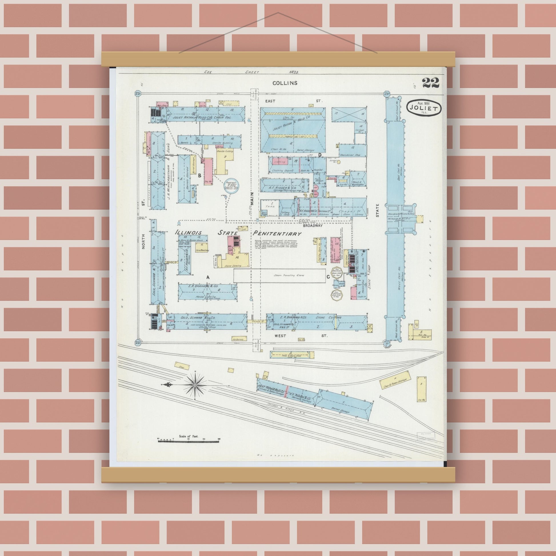 Old map wall art mockup — magnetic wood frame on brick wall — Sanborn Fire Insurance Map from Joliet, Will County, Illinois (1891), Sheet #0022