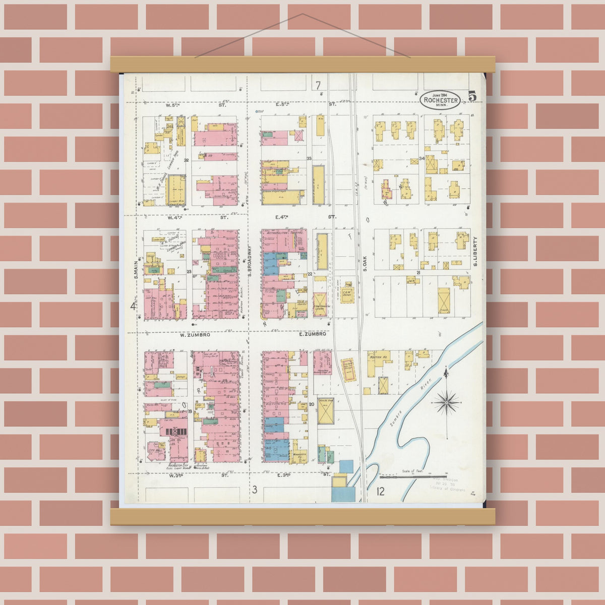 Old map wall art mockup — magnetic wood frame on brick wall — Sanborn Fire Insurance Map from Rochester, Olmsted County, Minnesota (1904), Sheet #0005