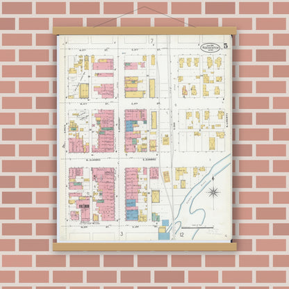 Old map wall art mockup — magnetic wood frame on brick wall — Sanborn Fire Insurance Map from Rochester, Olmsted County, Minnesota (1904), Sheet #0005