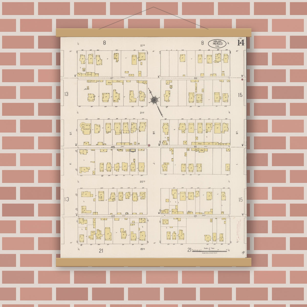 Old map wall art mockup — magnetic wood frame on brick wall — Sanborn Fire Insurance Map from Merced, Merced County, California (1922), Sheet #0014