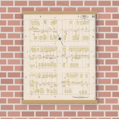Old map wall art mockup — magnetic wood frame on brick wall — Sanborn Fire Insurance Map from Merced, Merced County, California (1922), Sheet #0014