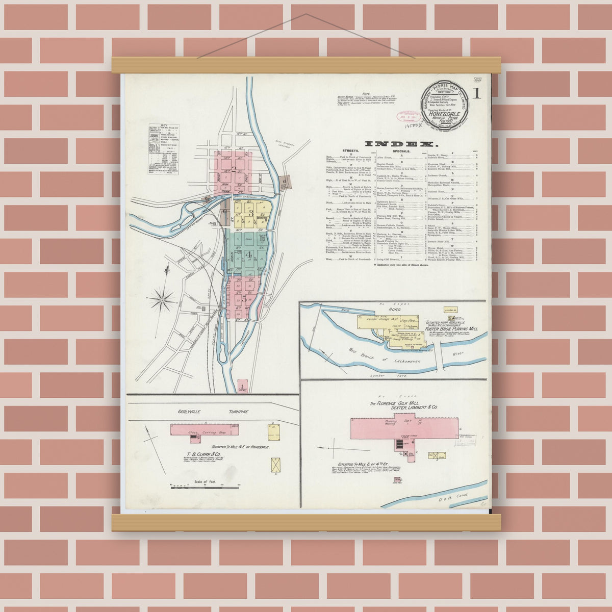 Old map wall art mockup — magnetic wood frame on brick wall — Sanborn Fire Insurance Map from Honesdale, Wayne County, Pennsylvania (1892) - Complete Map Set