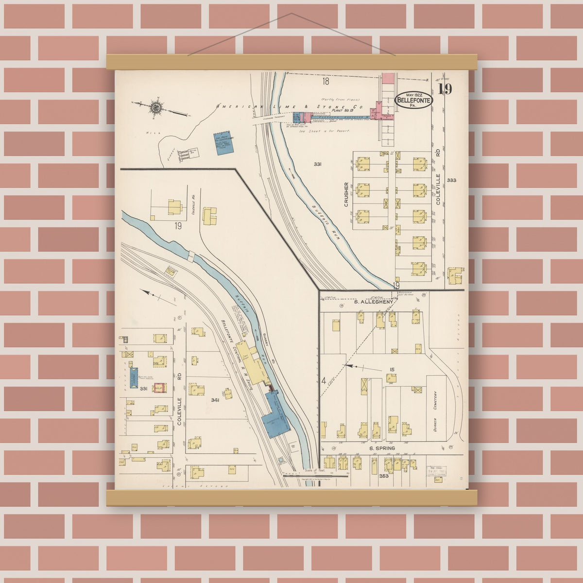 Old map wall art mockup — magnetic wood frame on brick wall — Sanborn Fire Insurance Map from Bellefonte, Centre County, Pennsylvania (1922), Sheet #0019