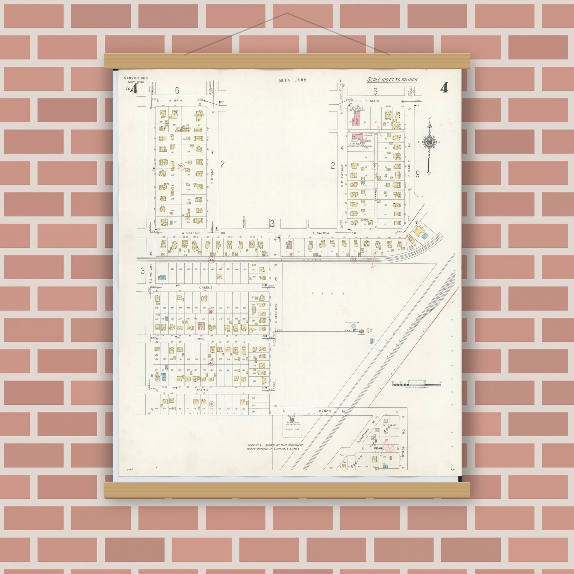 Old map wall art mockup — magnetic wood frame on brick wall — Sanborn Fire Insurance Map from Osborn, Greene County, Ohio (1943), Sheet #0004