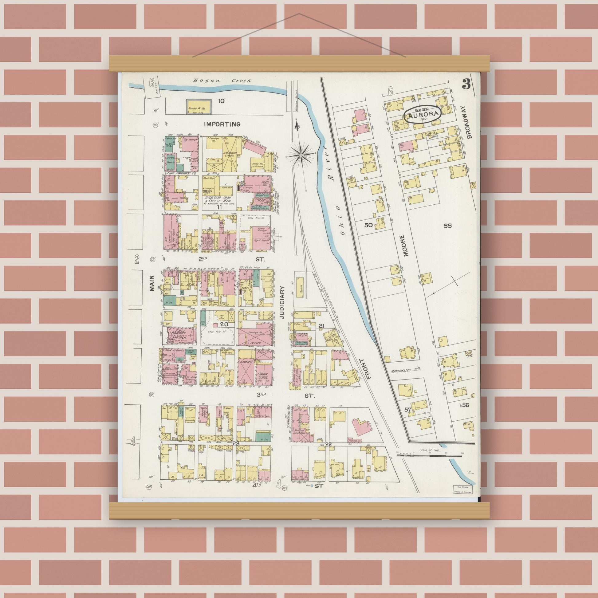 Old map wall art mockup — magnetic wood frame on brick wall — Sanborn Fire Insurance Map from Aurora, Dearborn County, Indiana (1892), Sheet #0003