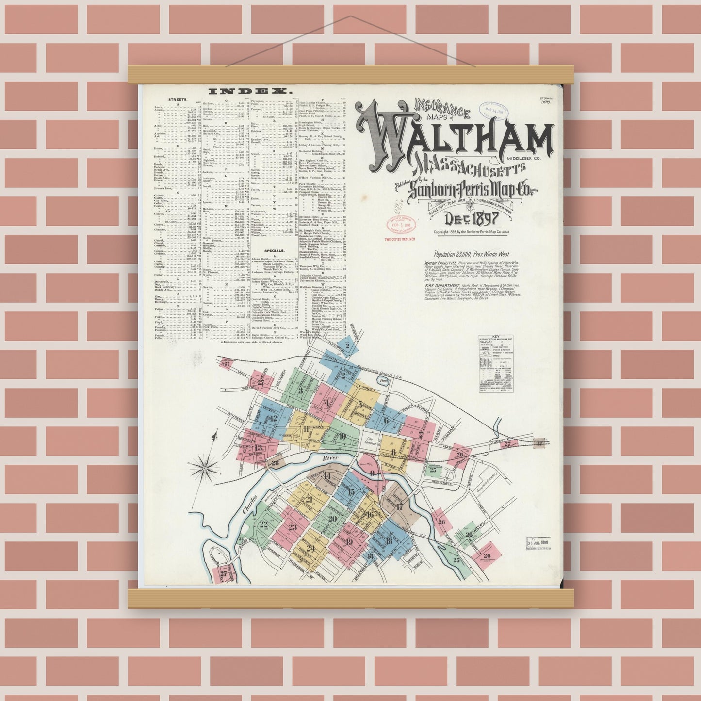Old map wall art mockup — magnetic wood frame on brick wall — Sanborn Fire Insurance Map from Waltham, Middlesex County, Massachusetts (1897) - Complete Map Set