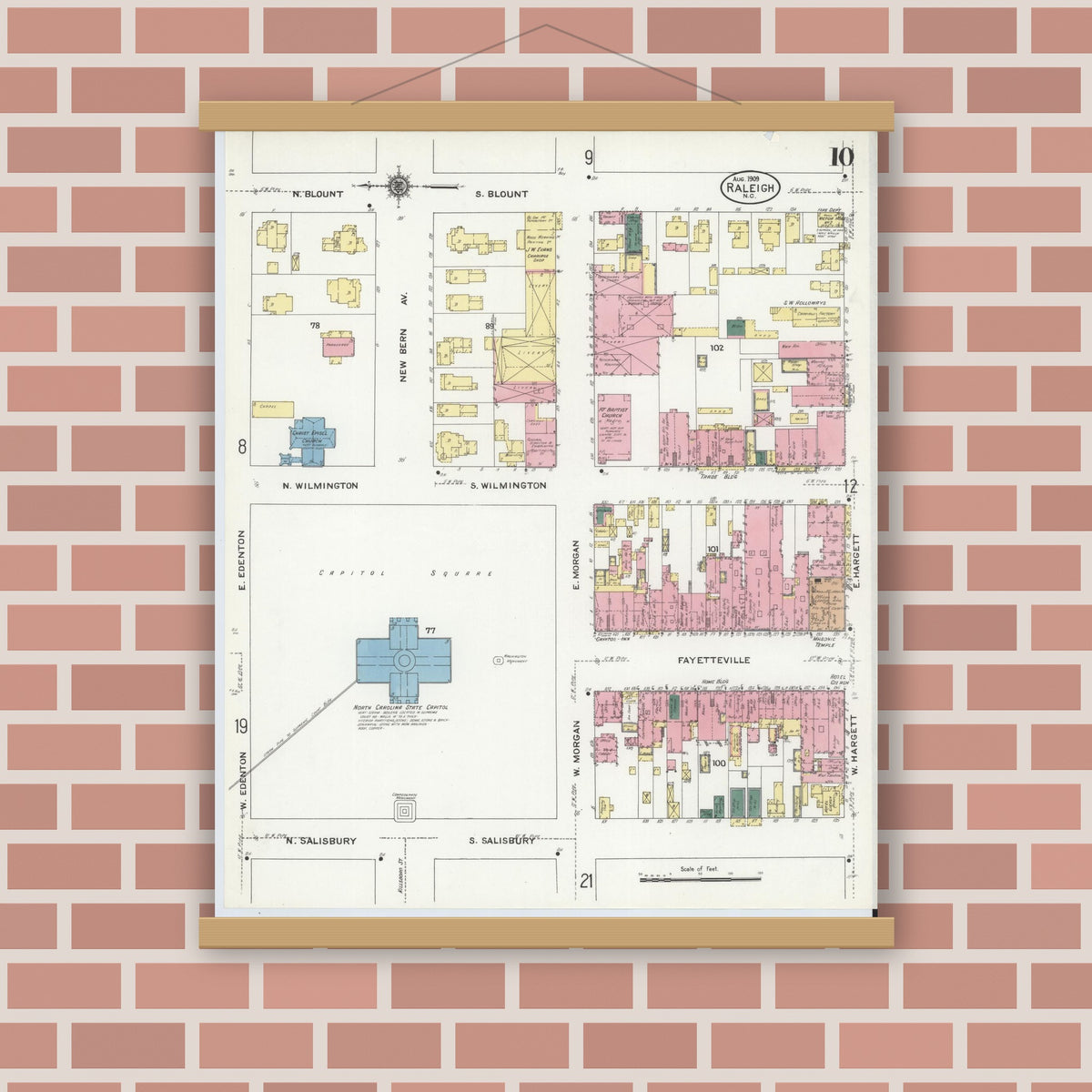 Old map wall art mockup — magnetic wood frame on brick wall — Sanborn Fire Insurance Map from Raleigh, Wake County, North Carolina (1909), Sheet #0010